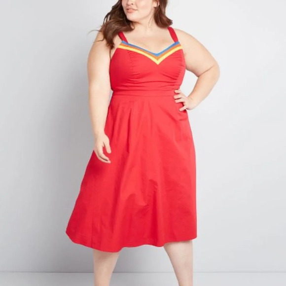 Modcloth Red Dress with Multicolor Trim - Picture 1 of 3